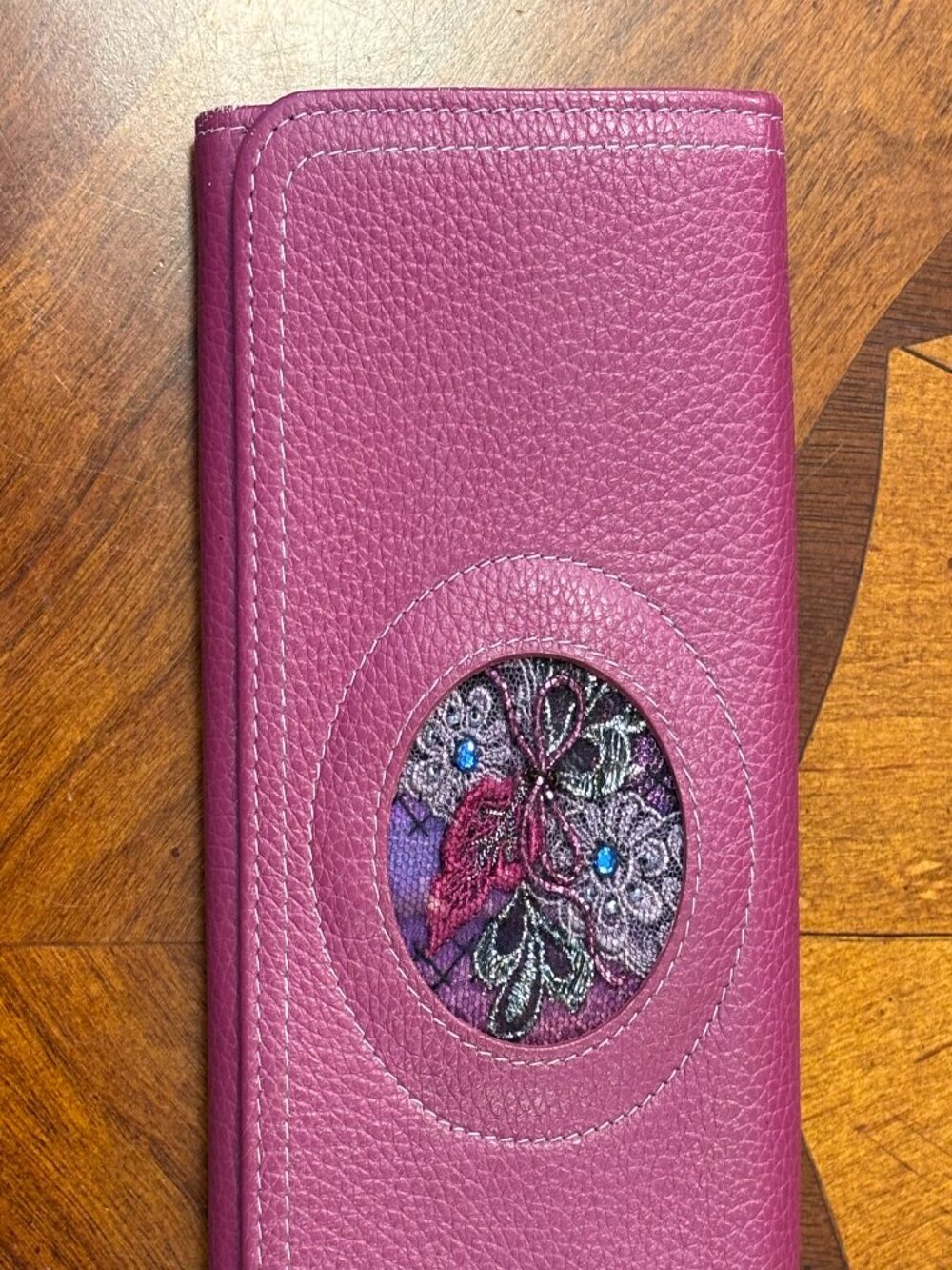 Kogeisha Fuso Japanese Leather Long Wallet Tri-Fold Purple Floral Embroidered